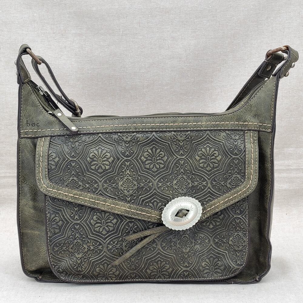 BOC Born Concept Hand-Tooled Vegan Leather Purse Olive Shoulder Bag Southwest